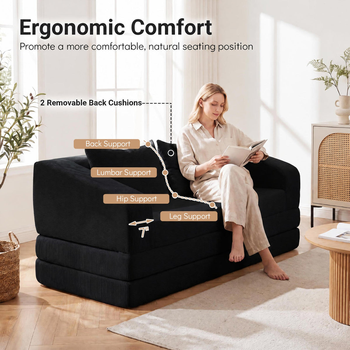 Black Corduroy Foam Sleeper Loveseat, 61 in Sofa that Opens to a 61 by 85 in Bed, No Mechanism