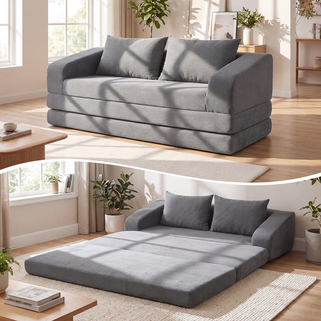 Grey Corduroy Sleeper Loveseat, 61 in Sofa Folding Out to a 61 by 85 in Foam Bed, 705 lb Rated