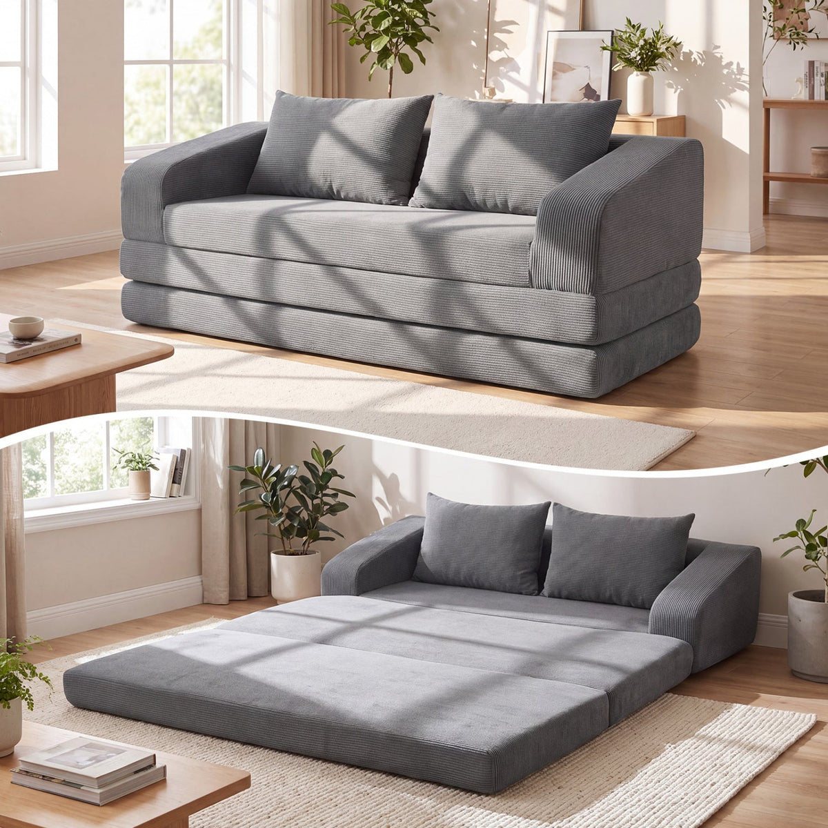 Grey Corduroy Sleeper Loveseat, 61 in Sofa Folding Out to a 61 by 85 in Foam Bed, 705 lb Rated