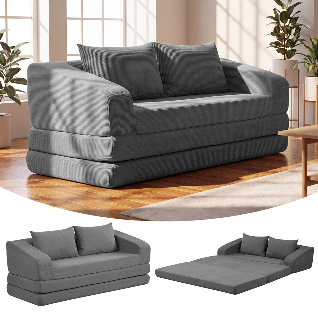 Grey Corduroy Sleeper Loveseat, 61 in Sofa Folding Out to a 61 by 85 in Foam Bed, 705 lb Rated