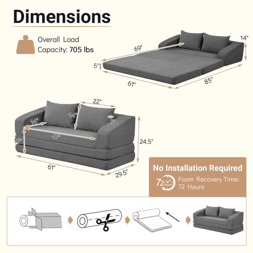 Grey Corduroy Sleeper Loveseat, 61 in Sofa Folding Out to a 61 by 85 in Foam Bed, 705 lb Rated