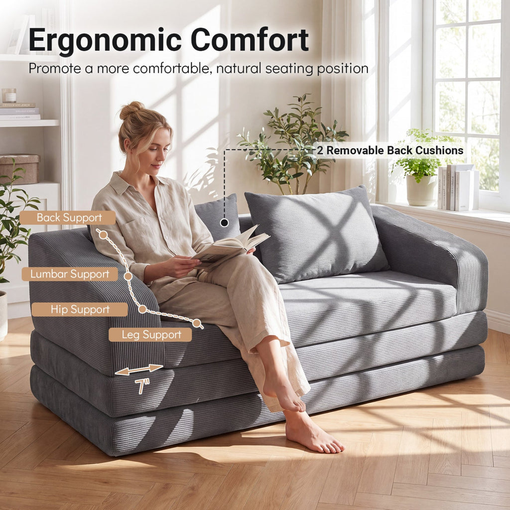 Grey Corduroy Sleeper Loveseat, 61 in Sofa Folding Out to a 61 by 85 in Foam Bed, 705 lb Rated