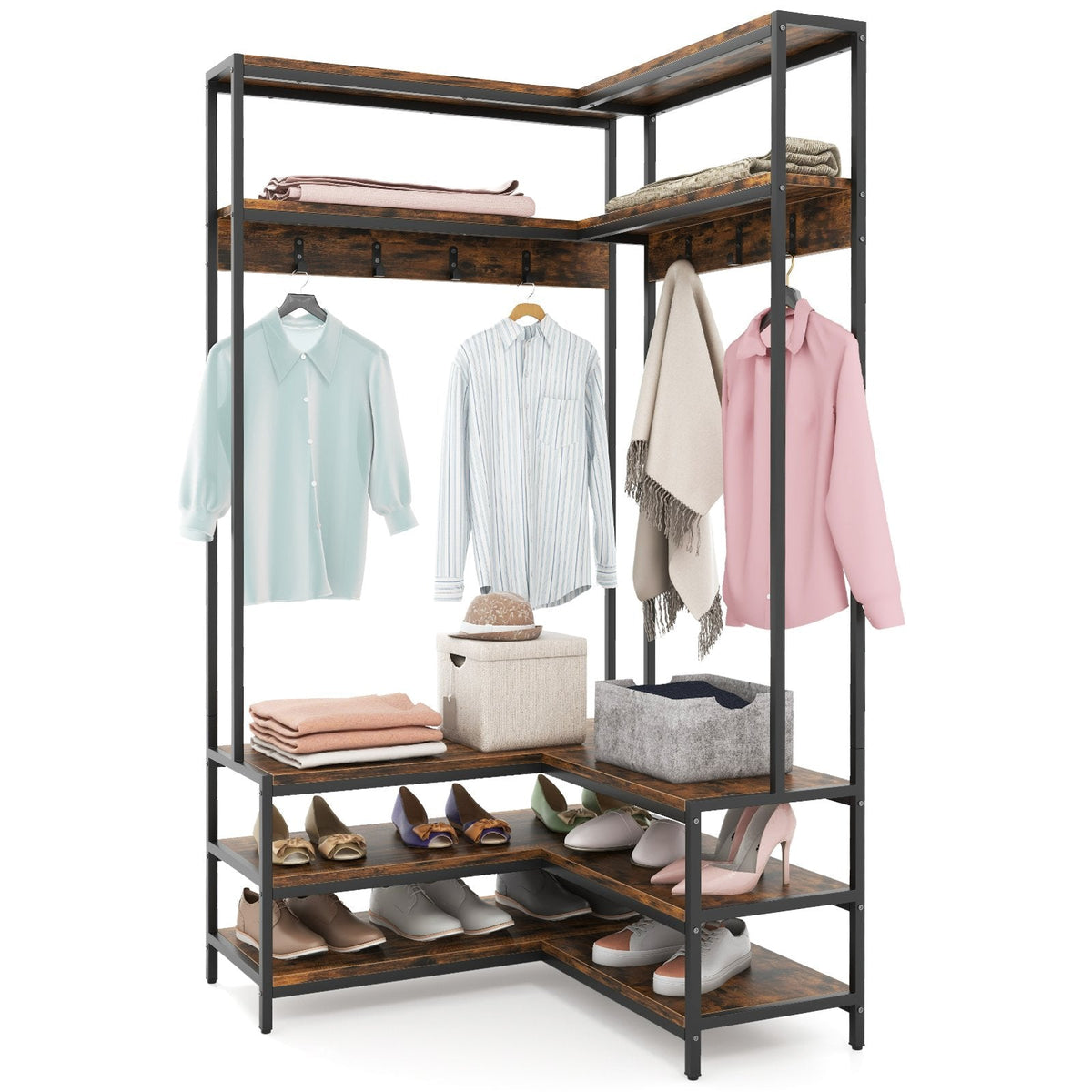 Corner Garment Rack with Open Shelves and 7 Hooks Shoe Bench-Rustic Brown