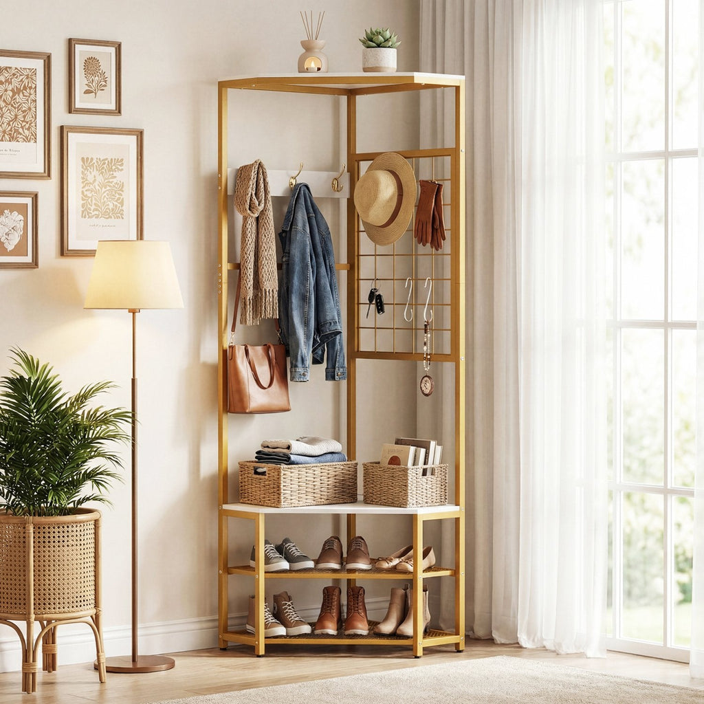 Corner Hall Tree Freestanding Coat Rack with Storage Shelves Removable Hooks-White