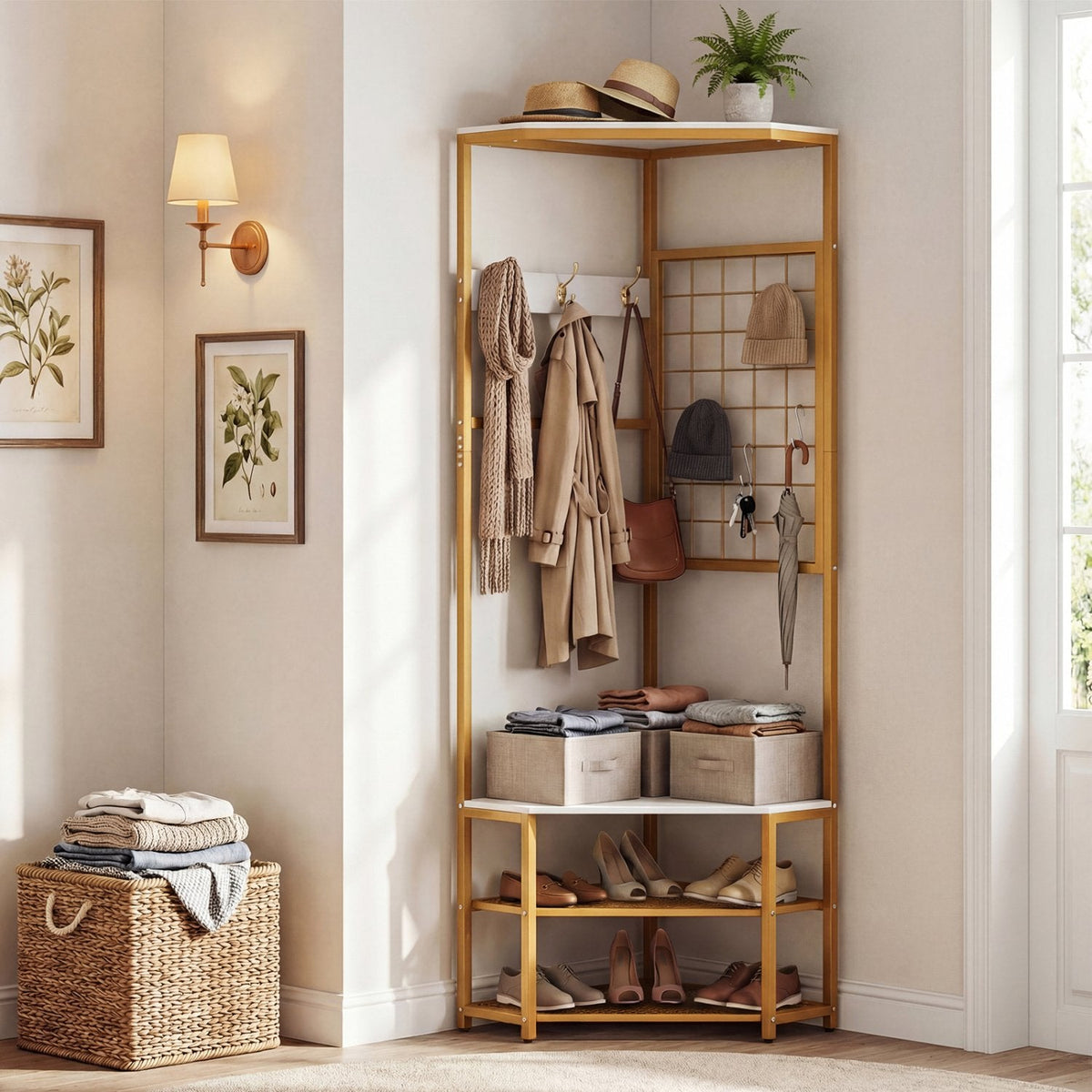 Corner Hall Tree Freestanding Coat Rack with Storage Shelves Removable Hooks-White