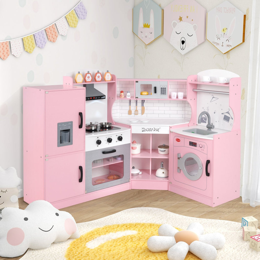 Corner Kids Play Kitchen with Washing Machine and Ice Maker Gift for Boys Girls-Pink
