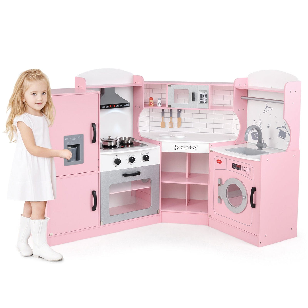 Corner Kids Play Kitchen with Washing Machine and Ice Maker Gift for Boys Girls-Pink