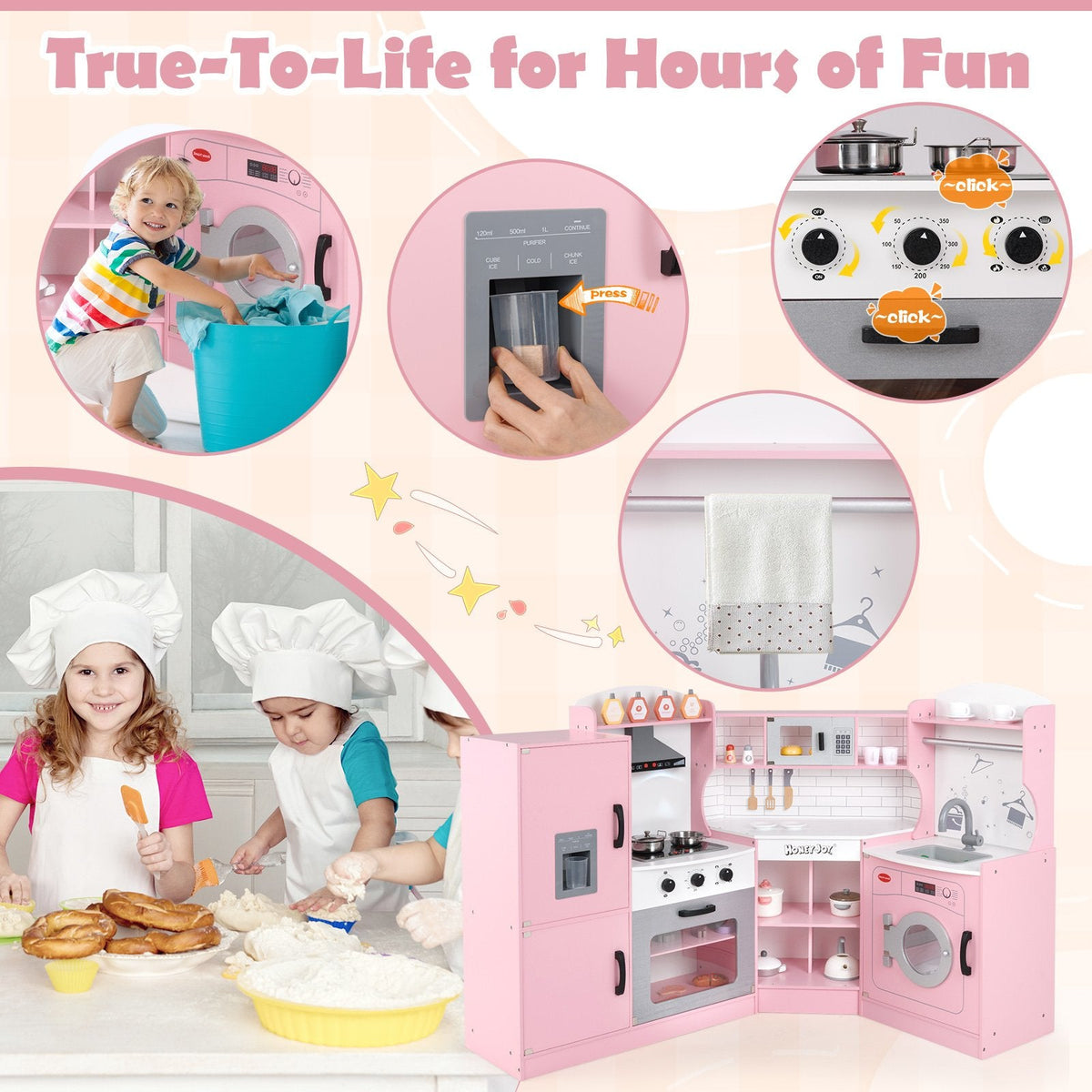 Corner Kids Play Kitchen with Washing Machine and Ice Maker Gift for Boys Girls-Pink