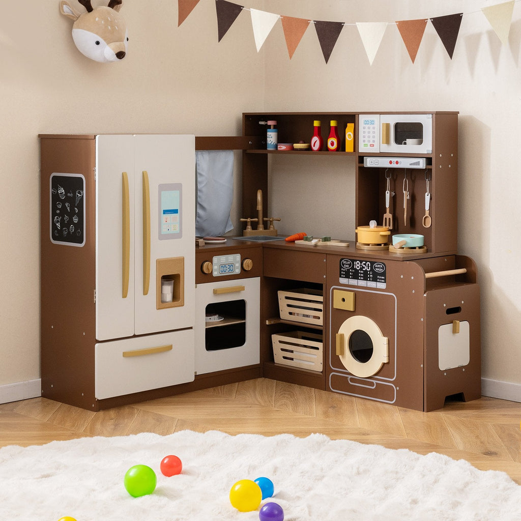 Corner Play Kitchen with Lights and Sounds for Ages 3+-Brown