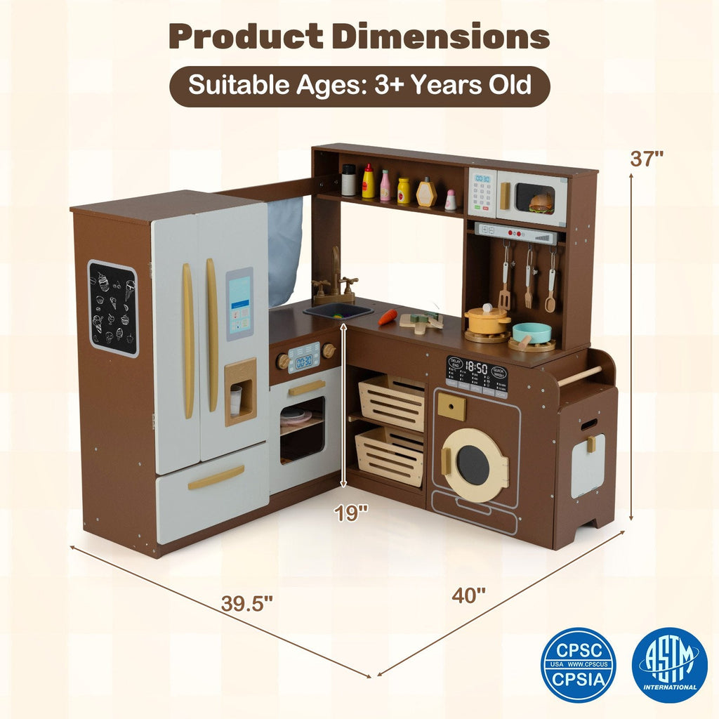 Corner Play Kitchen with Lights and Sounds for Ages 3+-Brown