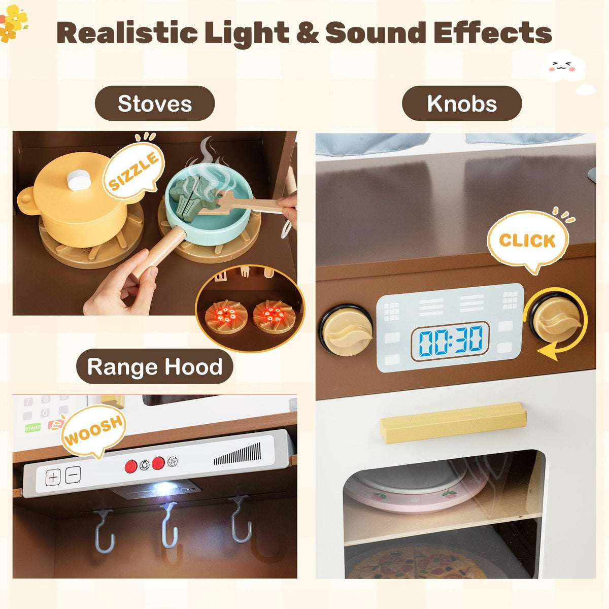 Corner Play Kitchen with Lights and Sounds for Ages 3+-Brown