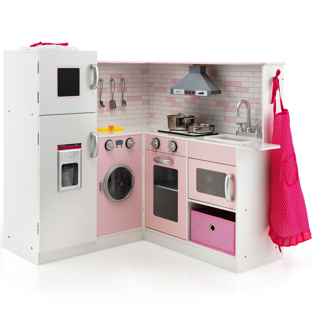 Pink Corner Play Kitchen with Ice Maker, Range Hood, Washer and Chef Accessories