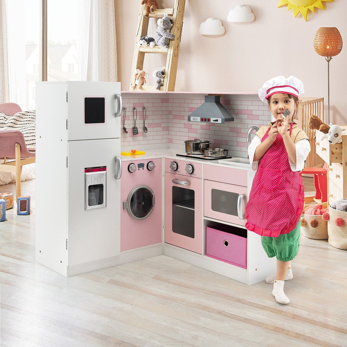 Pink Corner Play Kitchen with Ice Maker, Range Hood, Washer and Chef Accessories