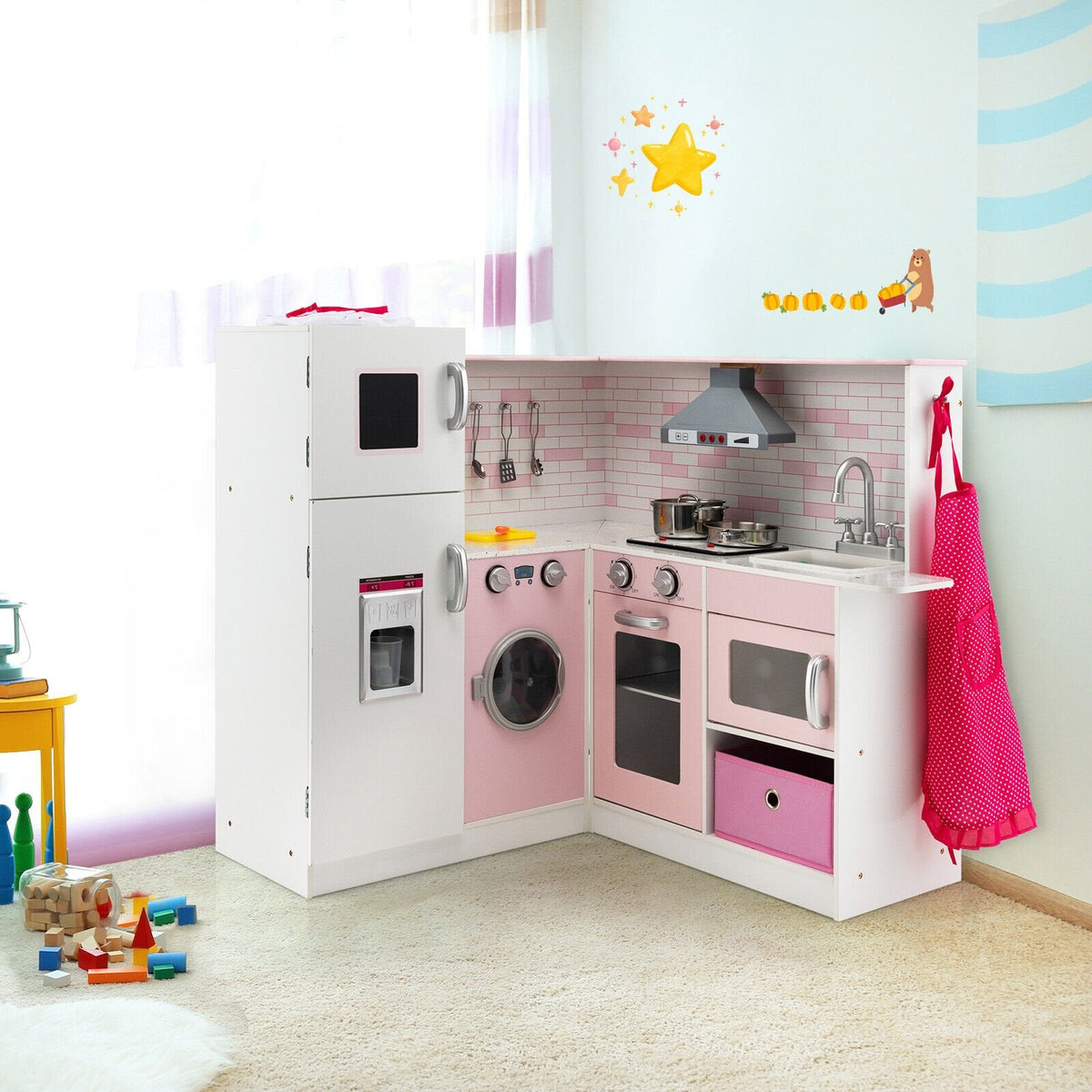 Pink Corner Play Kitchen with Ice Maker, Range Hood, Washer and Chef Accessories