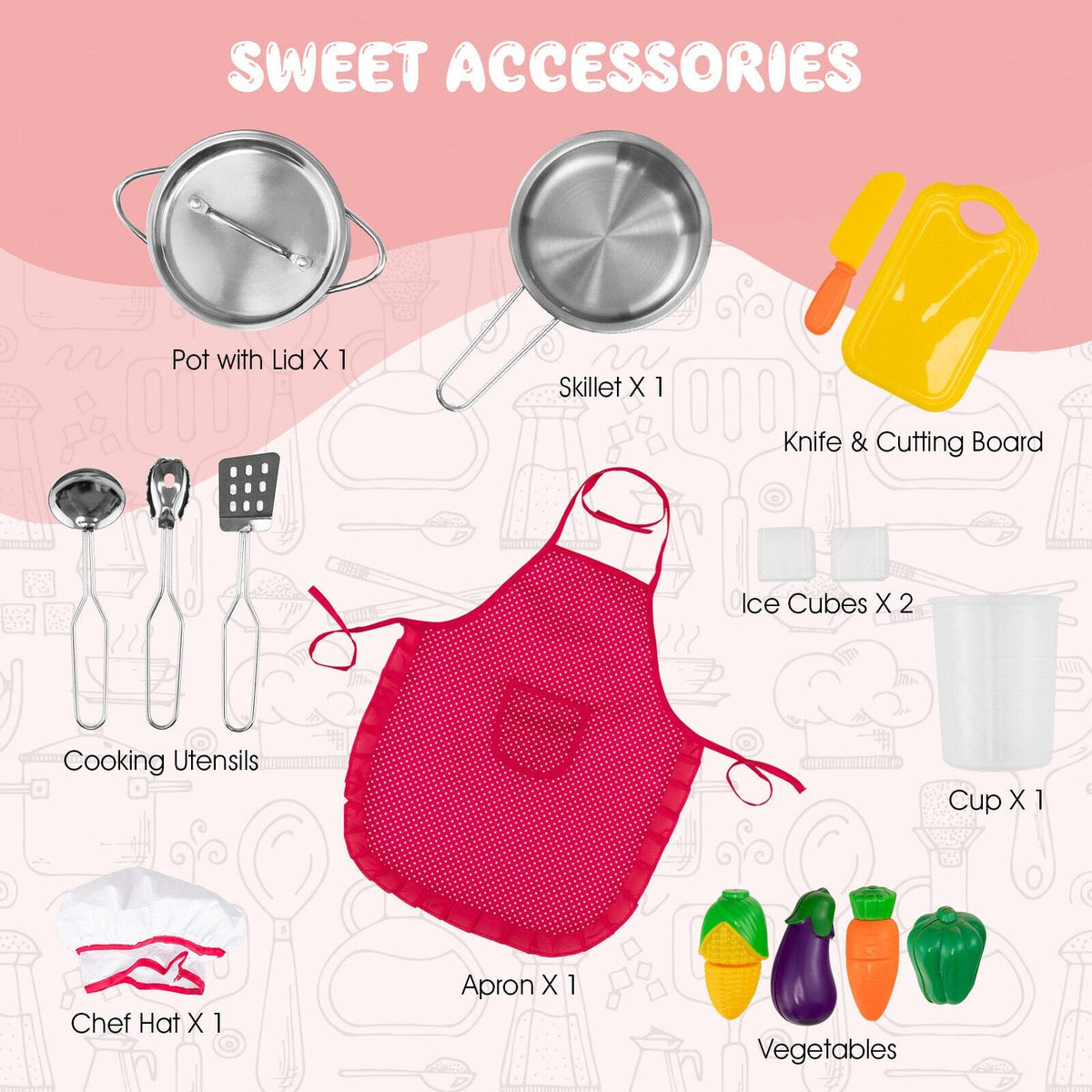 Pink Corner Play Kitchen with Ice Maker, Range Hood, Washer and Chef Accessories