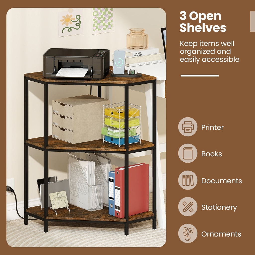 Corner Printer Stand 3-Tier Corner Shelf with Charging Station and Metal Frame-Rustic Brown