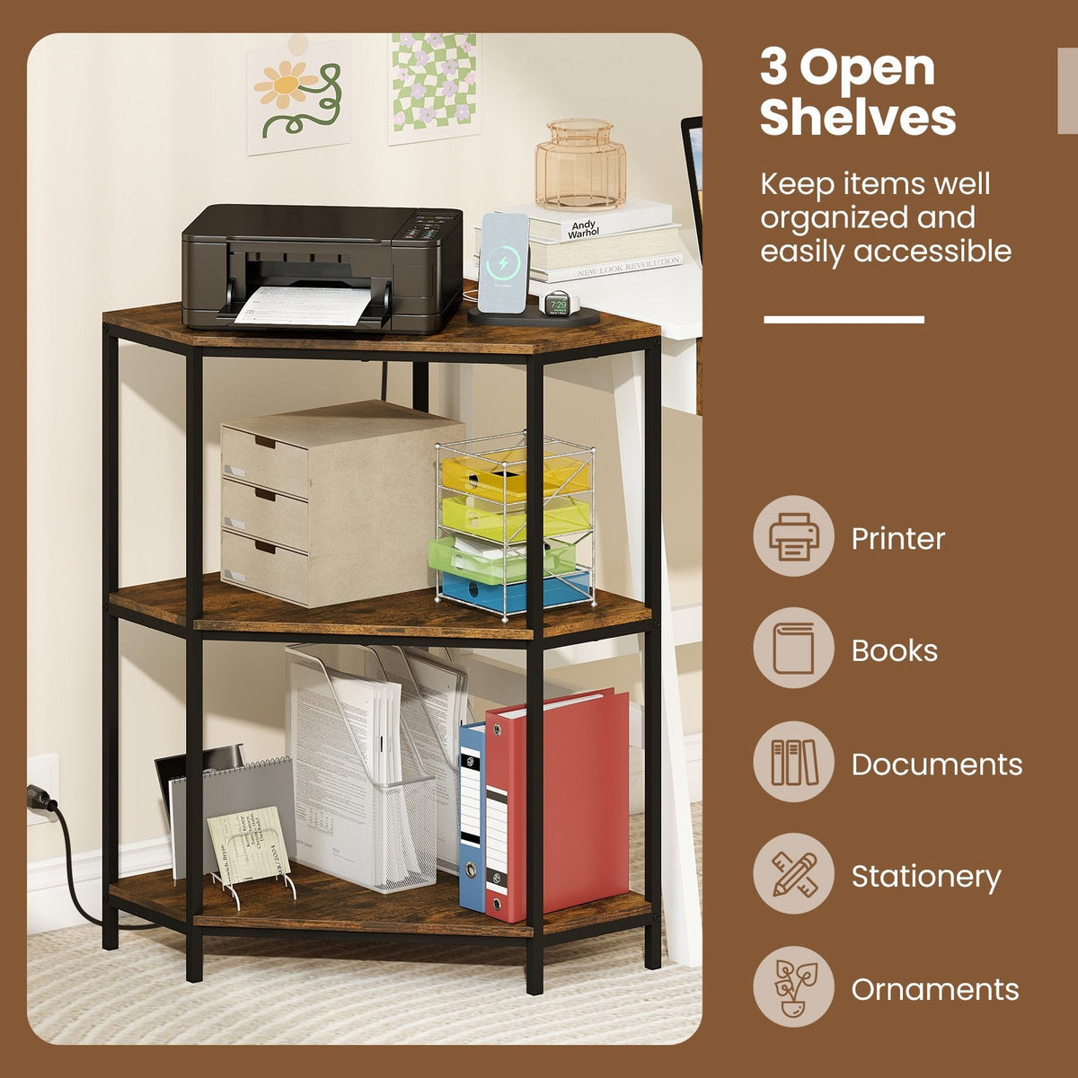 Corner Printer Stand 3-Tier Corner Shelf with Charging Station and Metal Frame-Rustic Brown
