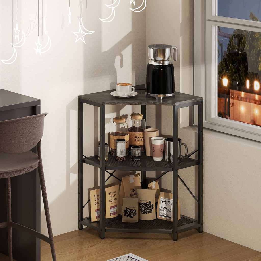 Corner Printer Stand with Power Outlet 3-Tier Storage Rack with Adjustable Shelf-Black