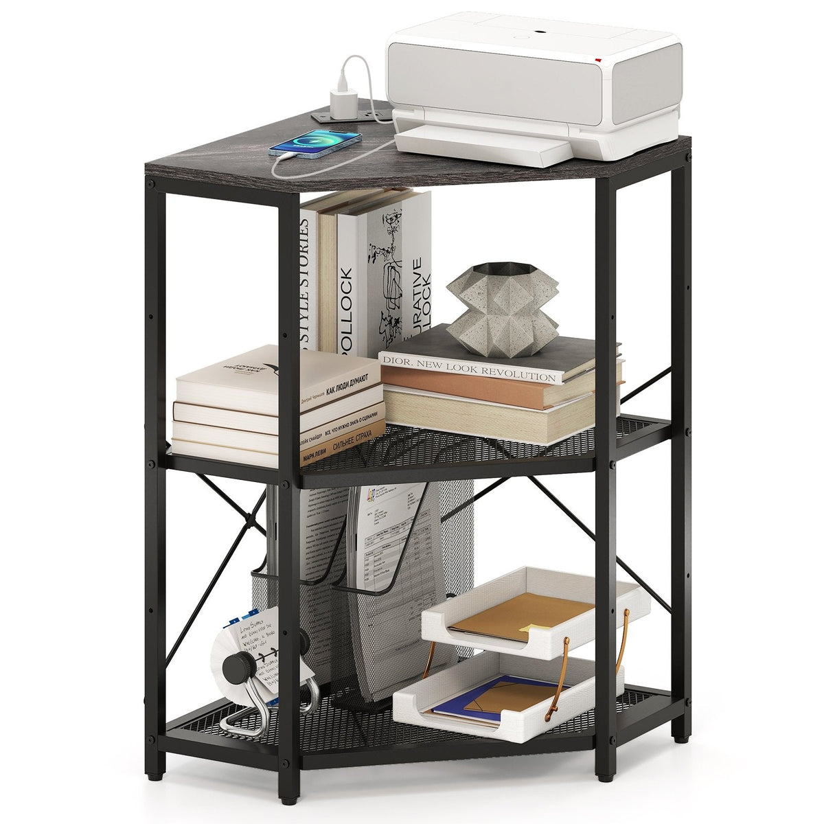 Corner Printer Stand with Power Outlet 3-Tier Storage Rack with Adjustable Shelf-Black