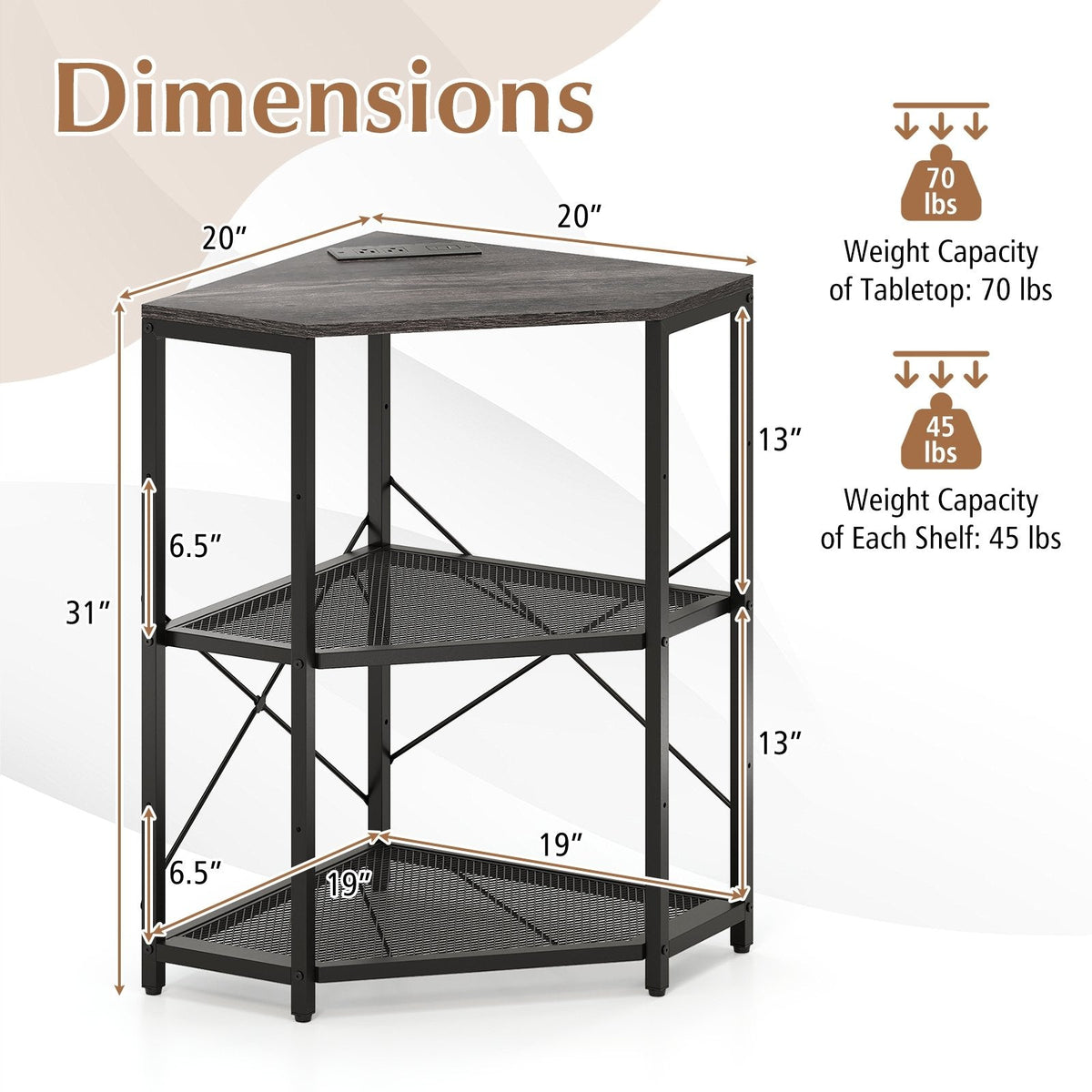 Corner Printer Stand with Power Outlet 3-Tier Storage Rack with Adjustable Shelf-Black
