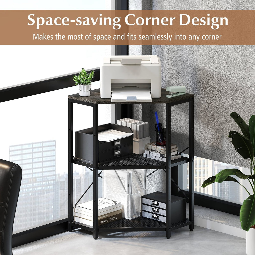Corner Printer Stand with Power Outlet 3-Tier Storage Rack with Adjustable Shelf-Black