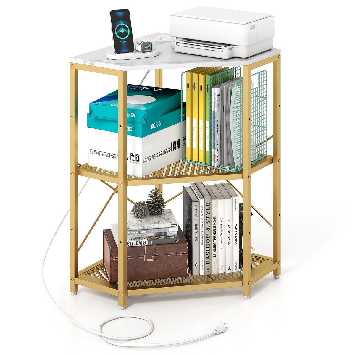 Corner Printer Stand with Power Outlet 3-Tier Storage Rack with Adjustable Shelf-White