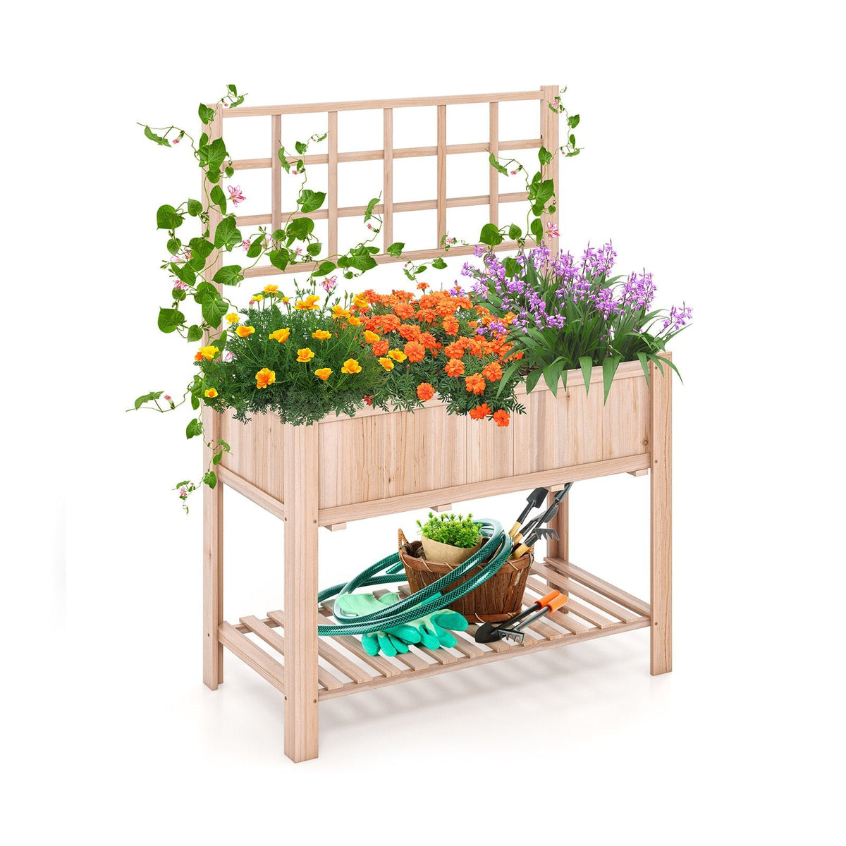 Raised Garden Bed with Trellis and Shelf, 3.4 Cu Ft Elevated Fir Planter Box with Liner