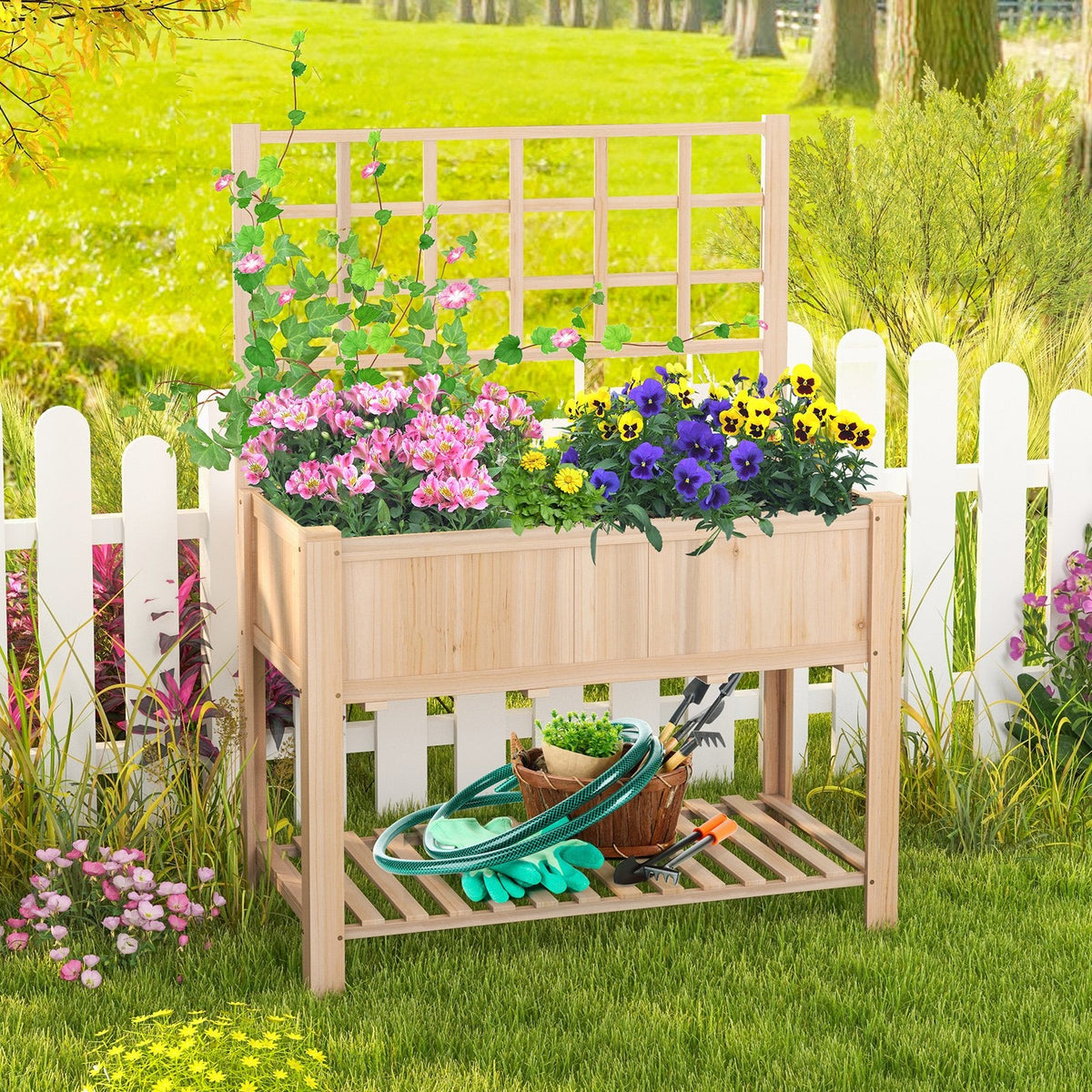 Raised Garden Bed with Trellis and Shelf, 3.4 Cu Ft Elevated Fir Planter Box with Liner