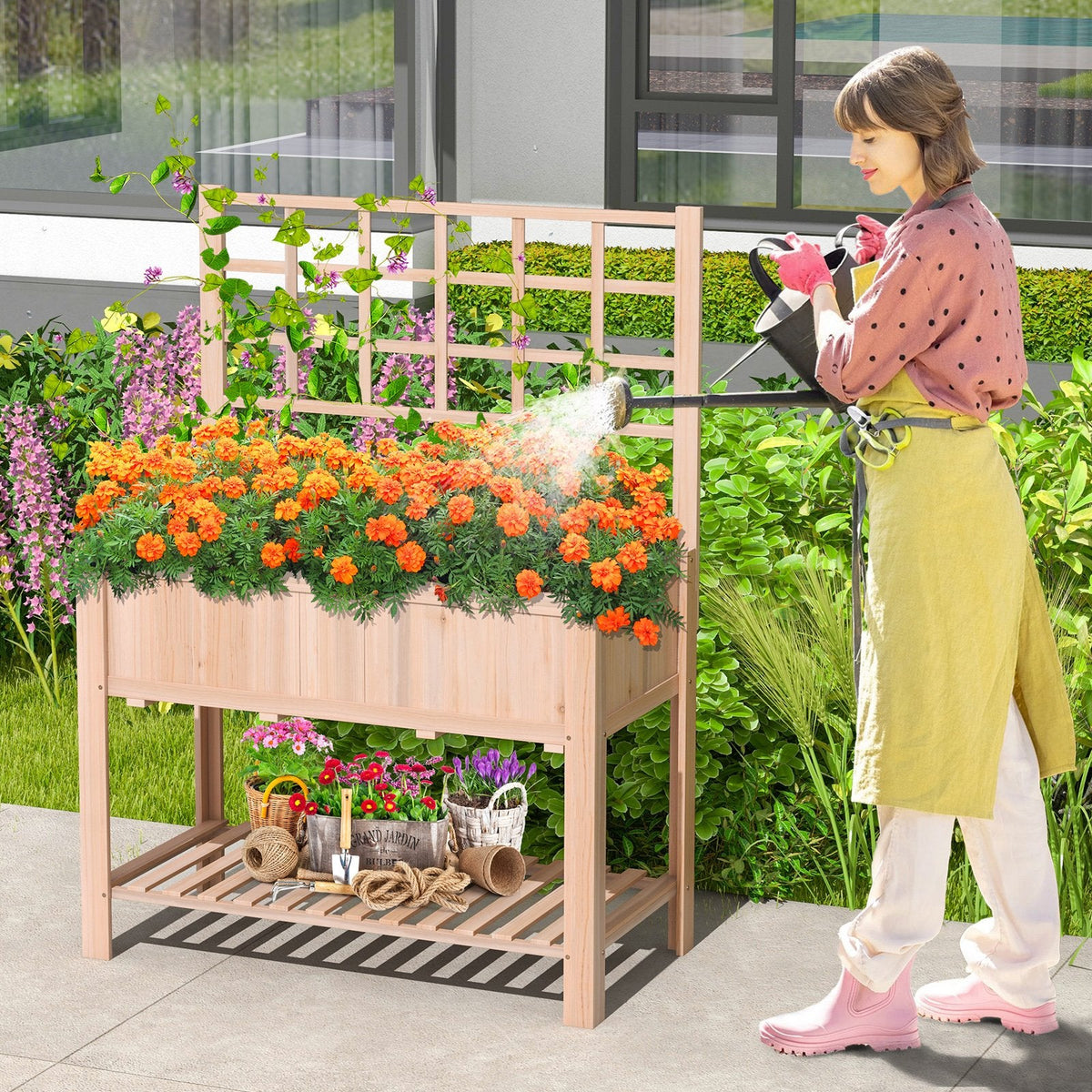 Raised Garden Bed with Trellis and Shelf, 3.4 Cu Ft Elevated Fir Planter Box with Liner