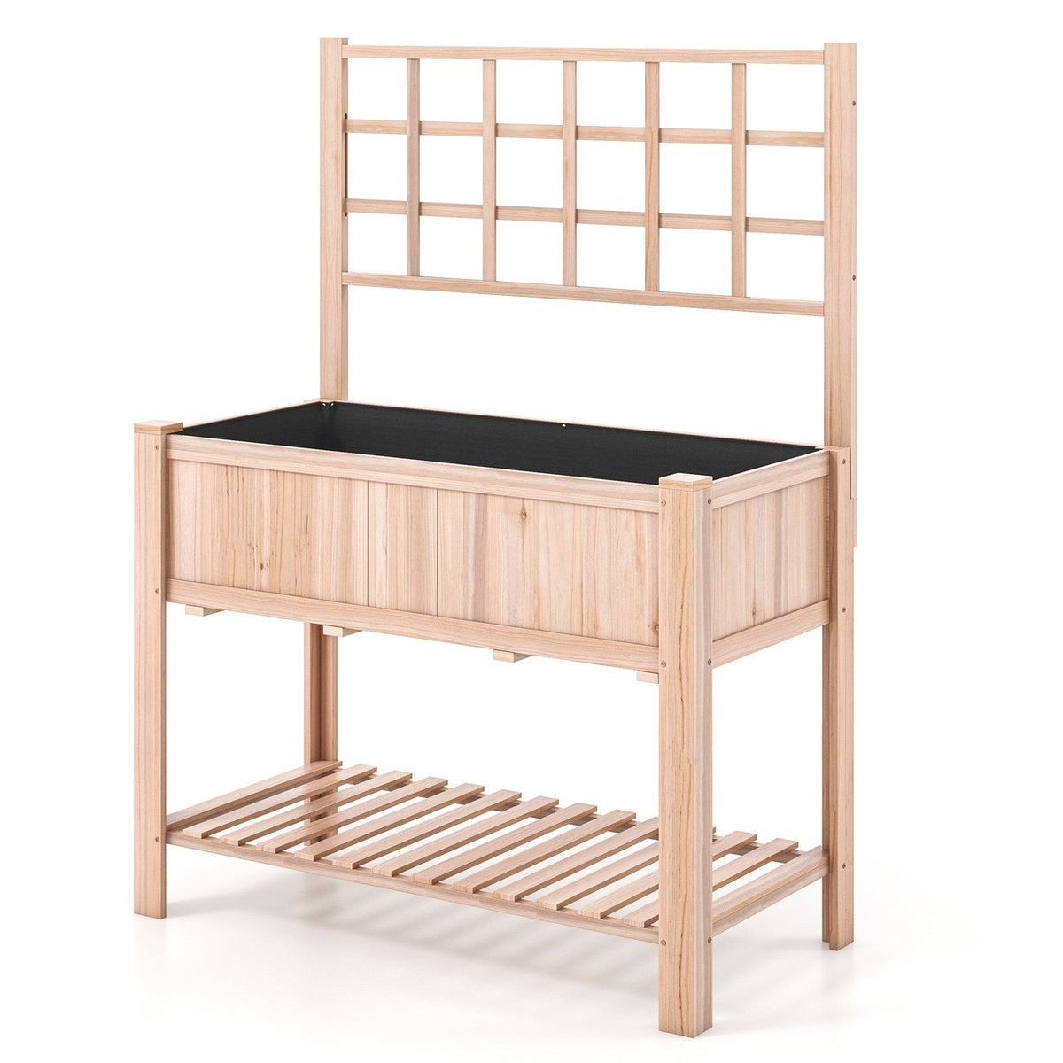 Raised Garden Bed with Trellis and Shelf, 3.4 Cu Ft Elevated Fir Planter Box with Liner