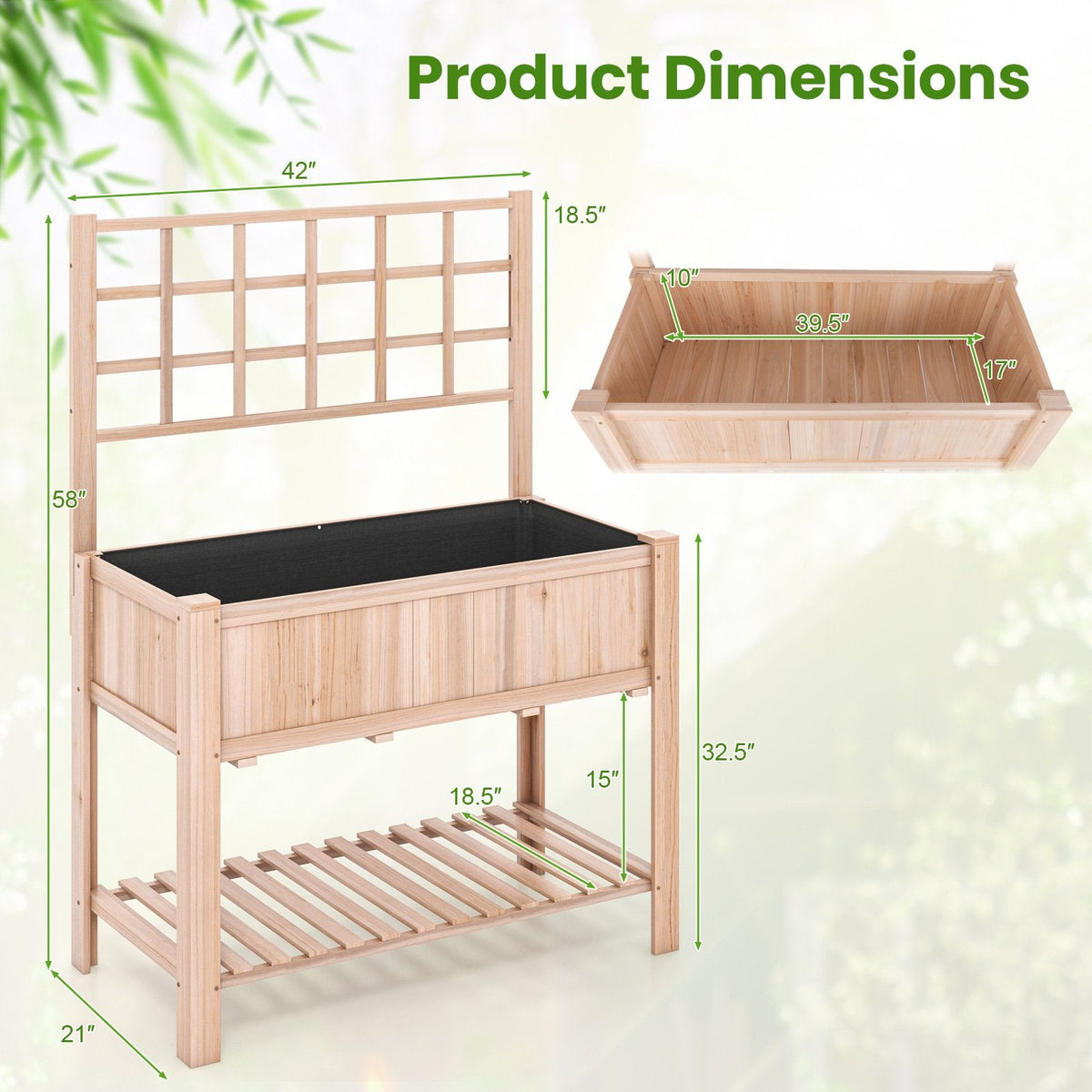 Raised Garden Bed with Trellis and Shelf, 3.4 Cu Ft Elevated Fir Planter Box with Liner