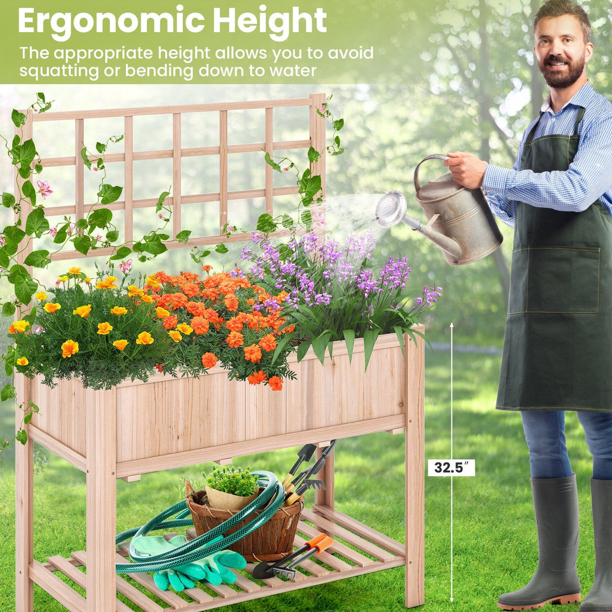 Raised Garden Bed with Trellis and Shelf, 3.4 Cu Ft Elevated Fir Planter Box with Liner