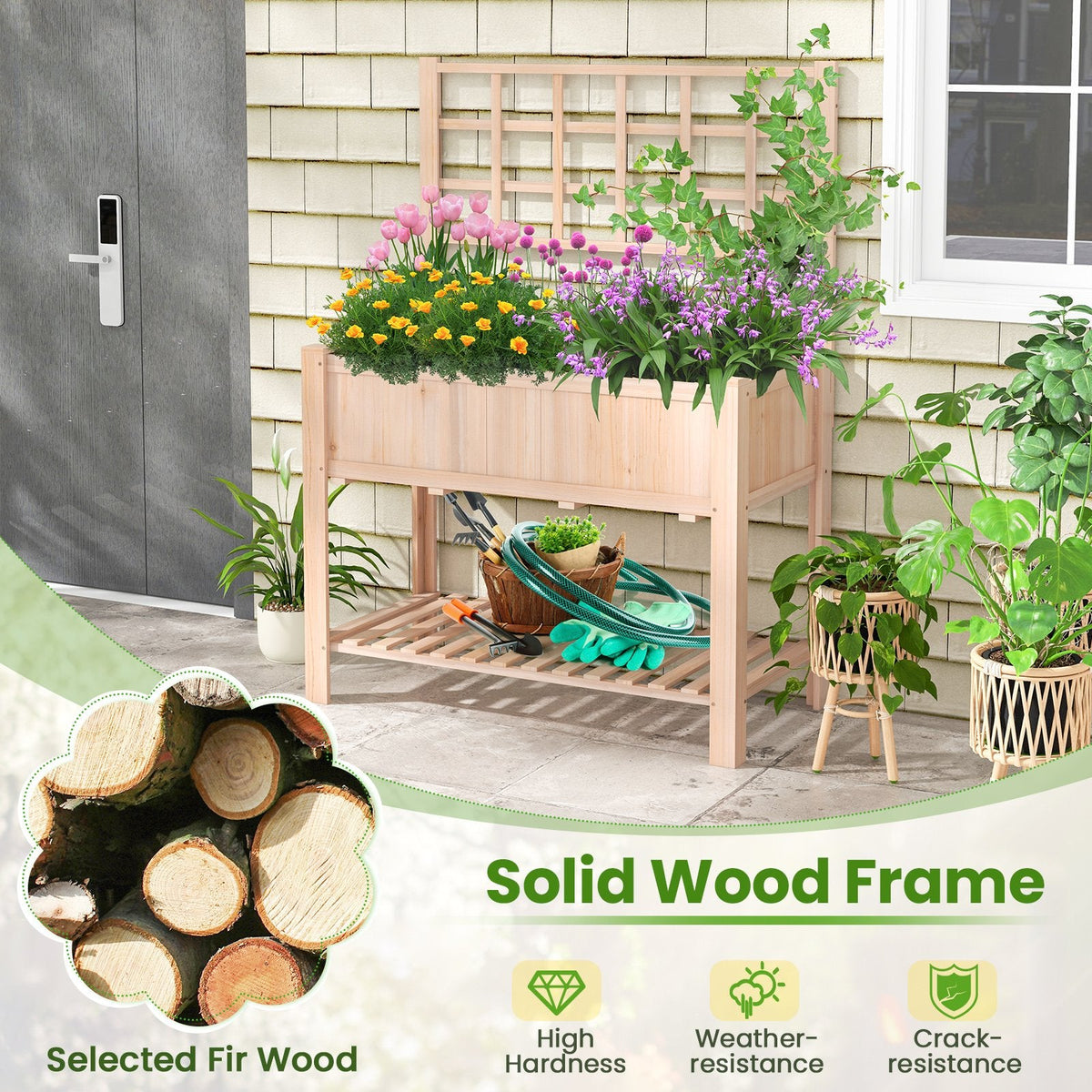 Raised Garden Bed with Trellis and Shelf, 3.4 Cu Ft Elevated Fir Planter Box with Liner