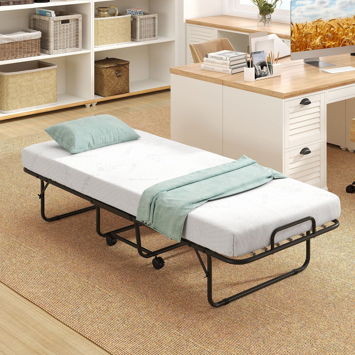 Cot Size Folding Bed Frame with Memory Foam Mattress and Metal Frame