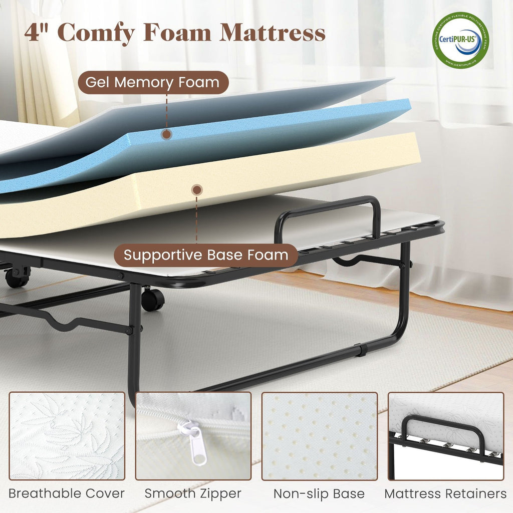 Cot Size Folding Bed Frame with Memory Foam Mattress and Metal Frame