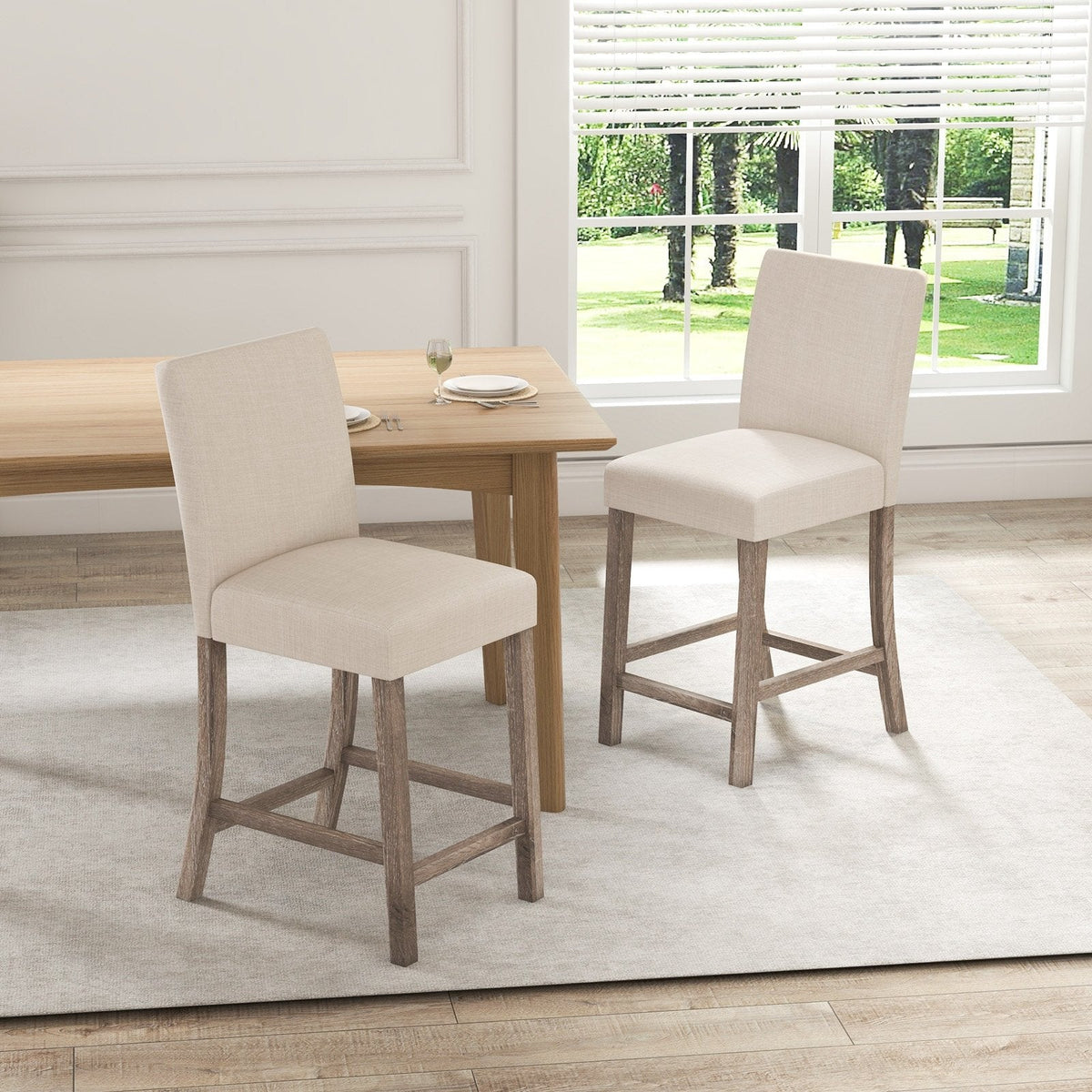Set of 2 Counter Height Bar Stools with 5 Inch Cushions and Weathered Wood Legs, Beige
