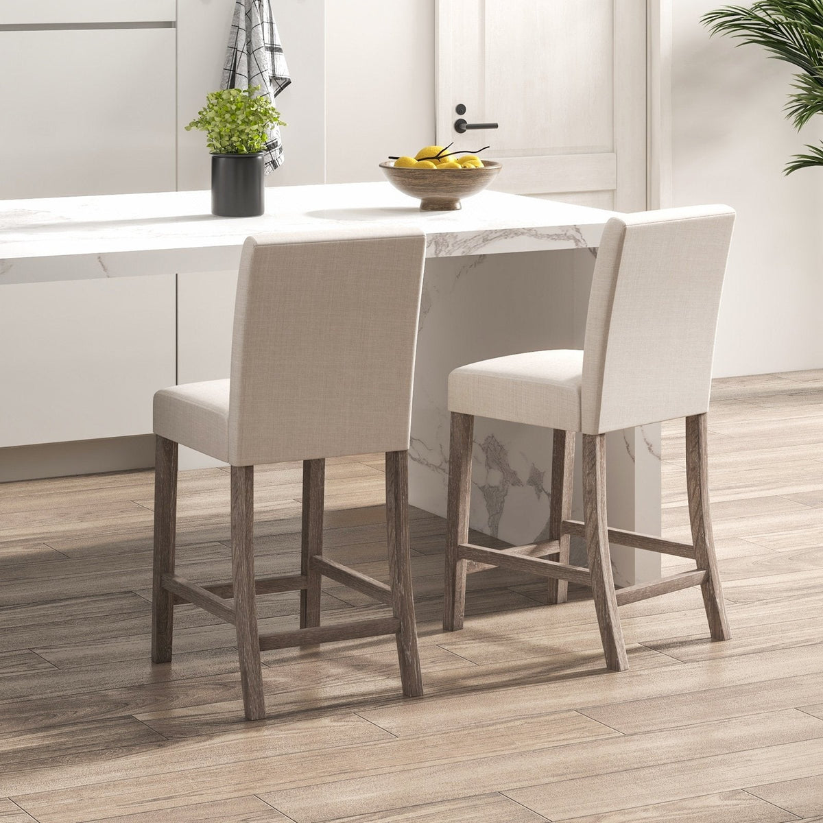 Set of 2 Counter Height Bar Stools with 5 Inch Cushions and Weathered Wood Legs, Beige