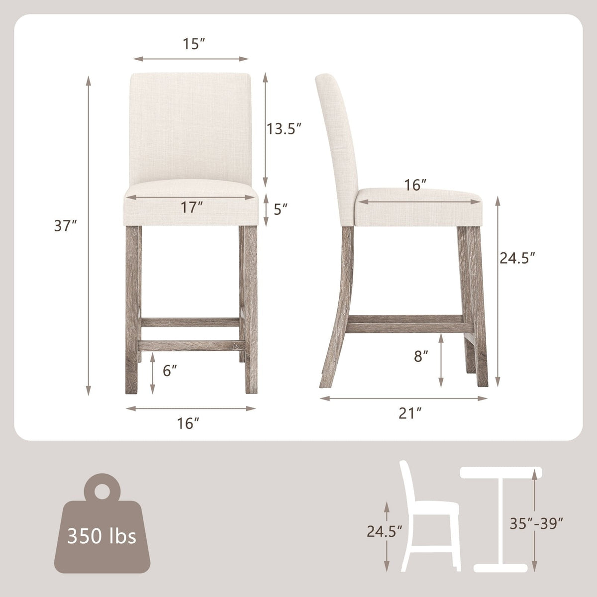 Set of 2 Counter Height Bar Stools with 5 Inch Cushions and Weathered Wood Legs, Beige