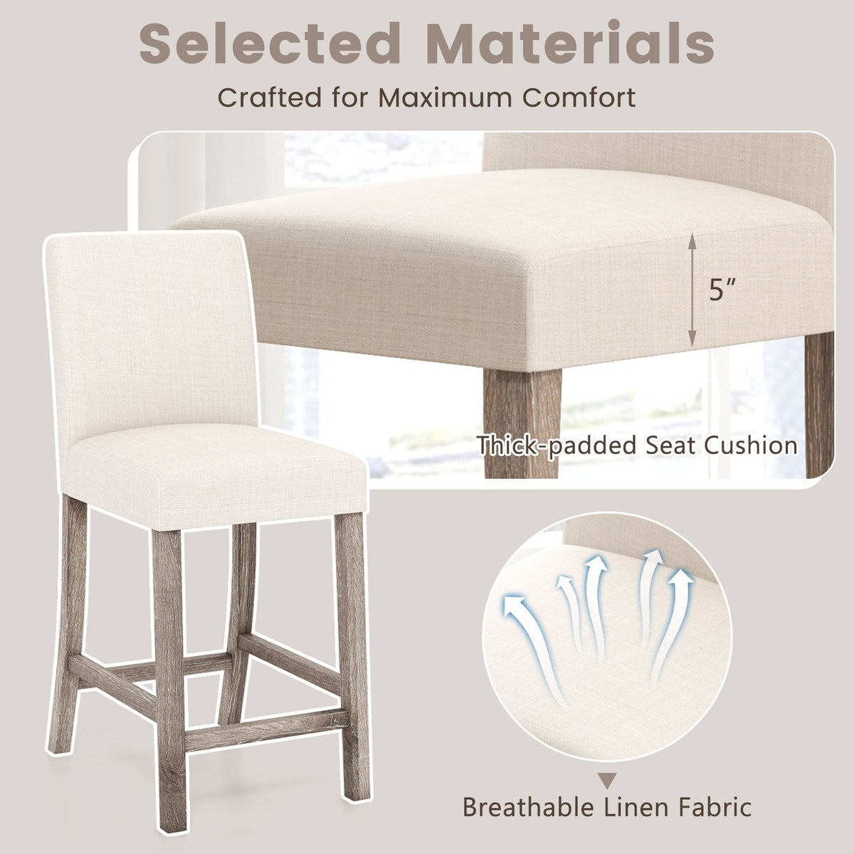 Set of 2 Counter Height Bar Stools with 5 Inch Cushions and Weathered Wood Legs, Beige