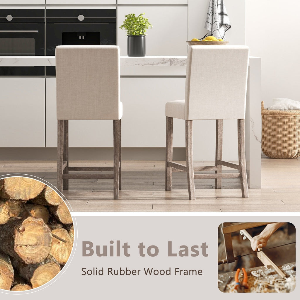 Set of 2 Counter Height Bar Stools with 5 Inch Cushions and Weathered Wood Legs, Beige