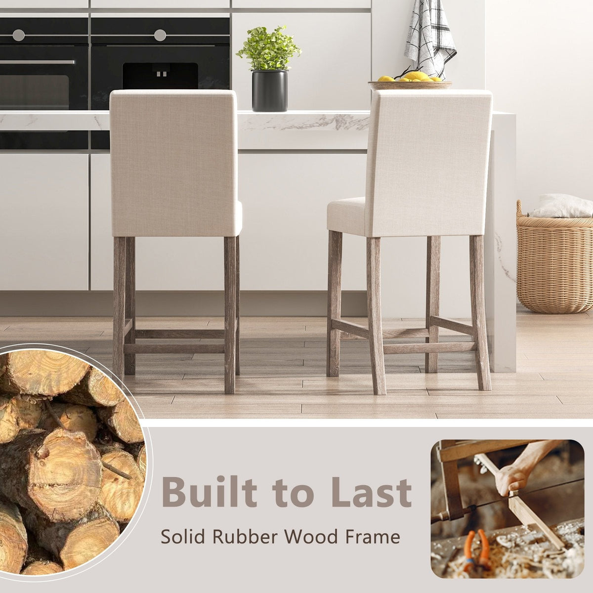 Set of 2 Counter Height Bar Stools with 5 Inch Cushions and Weathered Wood Legs, Beige