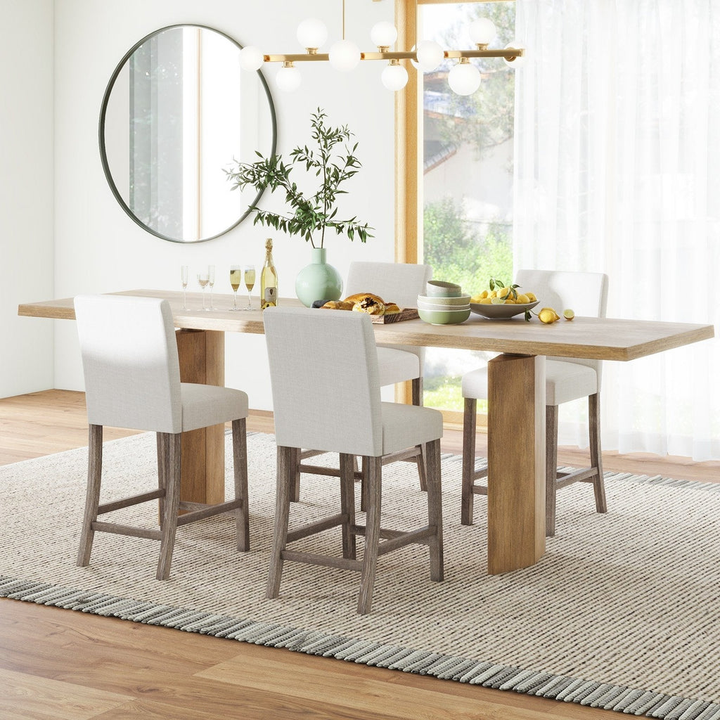 Set of 2 Counter Height Bar Stools with 5 Inch Cushions and Weathered Wood Legs, Beige