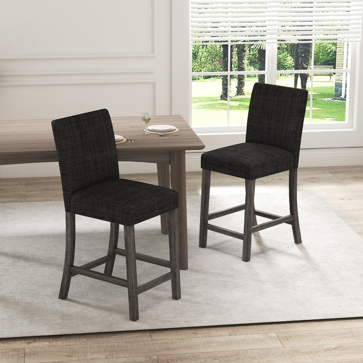 Set of 2 Counter Height Bar Stools in Charcoal with Thick Cushions, 24.5 Inch Seat