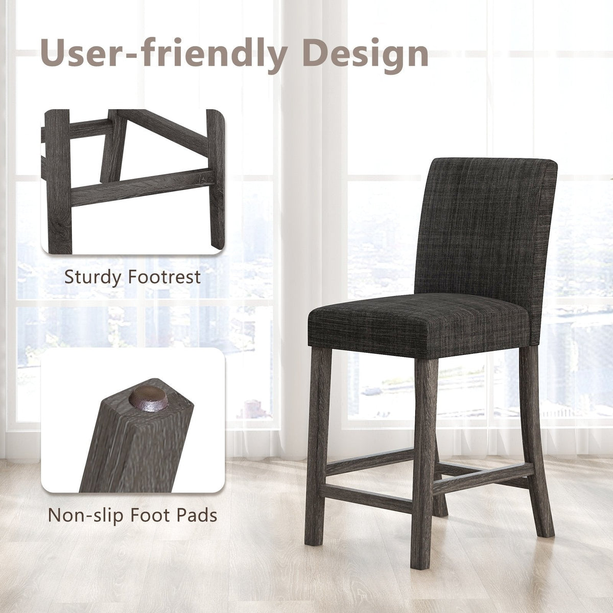 Set of 2 Counter Height Bar Stools in Charcoal with Thick Cushions, 24.5 Inch Seat