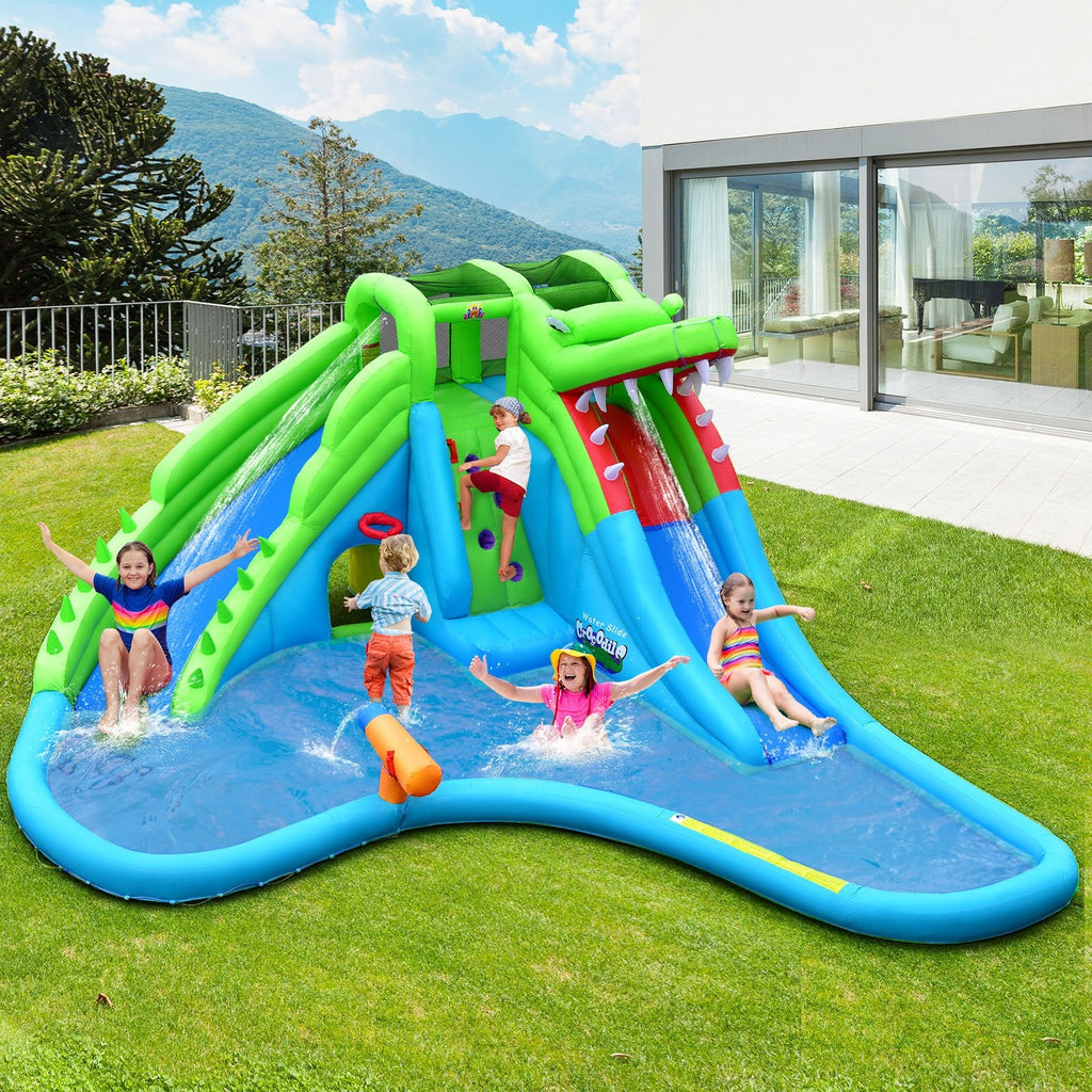 Crocodile Themed Inflatable Water Park with Two Slides and Wraparound Pool, No Blower