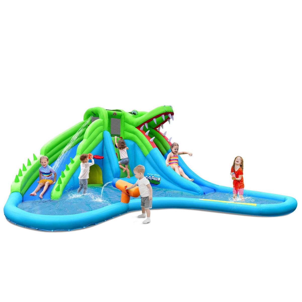 Crocodile Themed Inflatable Water Park with Two Slides and Wraparound Pool, No Blower