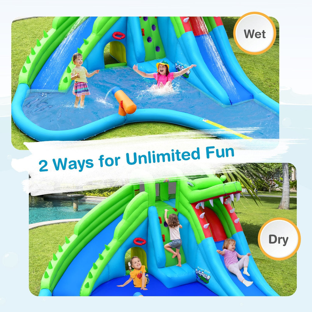 Crocodile Themed Inflatable Water Park with Two Slides and Wraparound Pool, No Blower