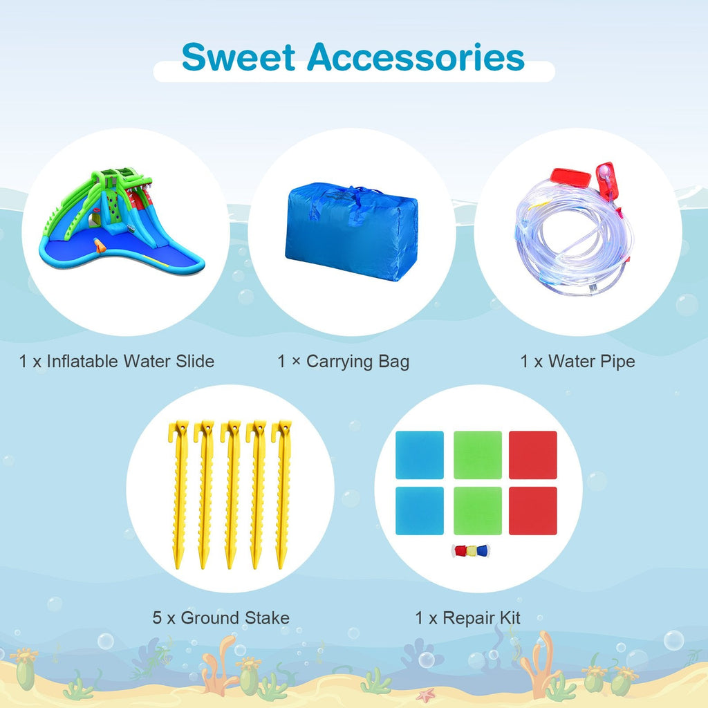 Crocodile Themed Inflatable Water Park with Two Slides and Wraparound Pool, No Blower