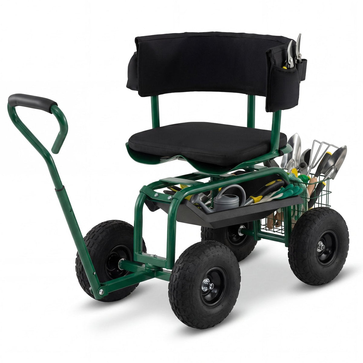 Cushioned Rolling Garden Cart Scooter with Storage Basket and Tool Pouch-Green