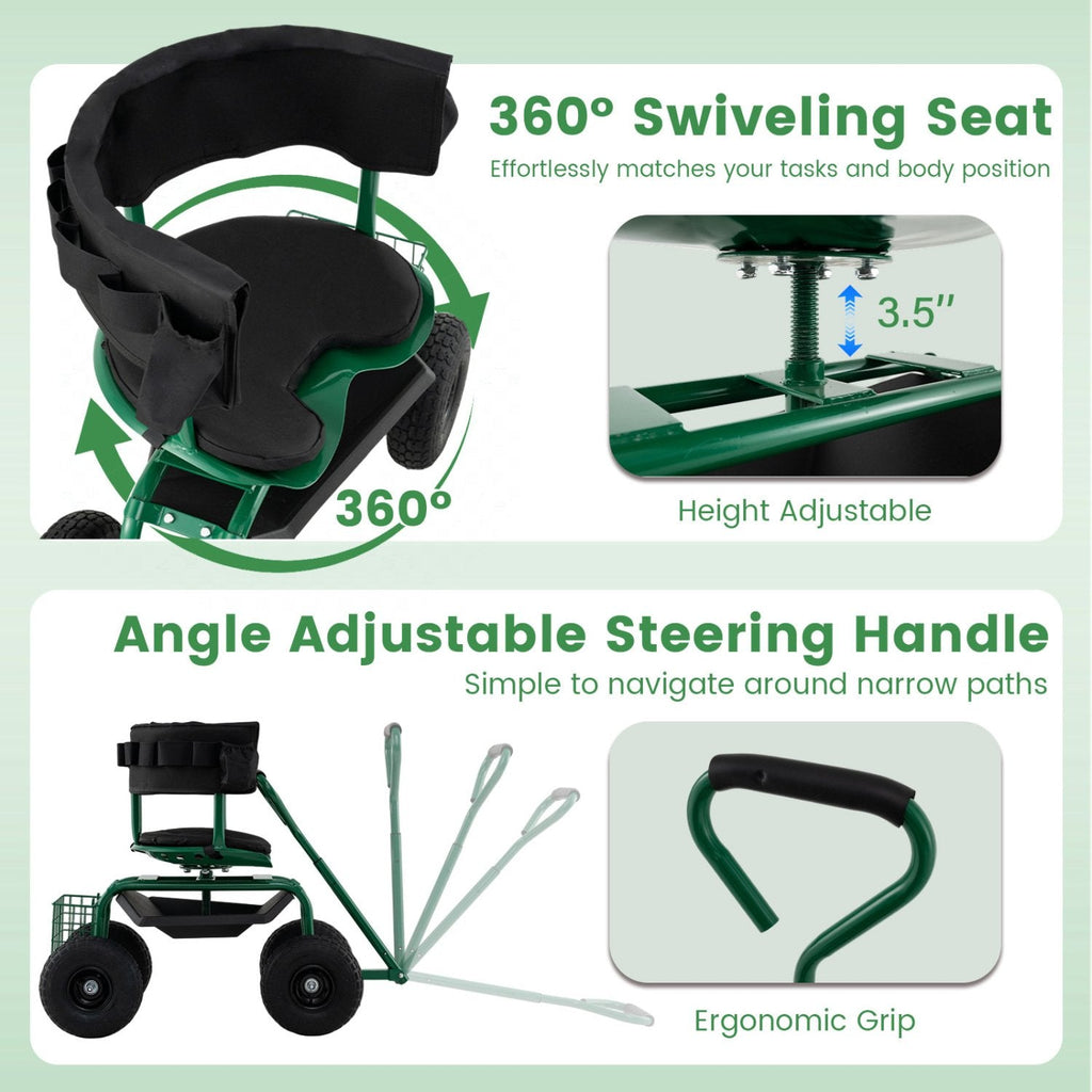 Cushioned Rolling Garden Cart Scooter with Storage Basket and Tool Pouch-Green